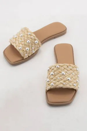 Panama-PEARL DECOR RAFFIA WOVEN UPPER SLIDE SANDAL