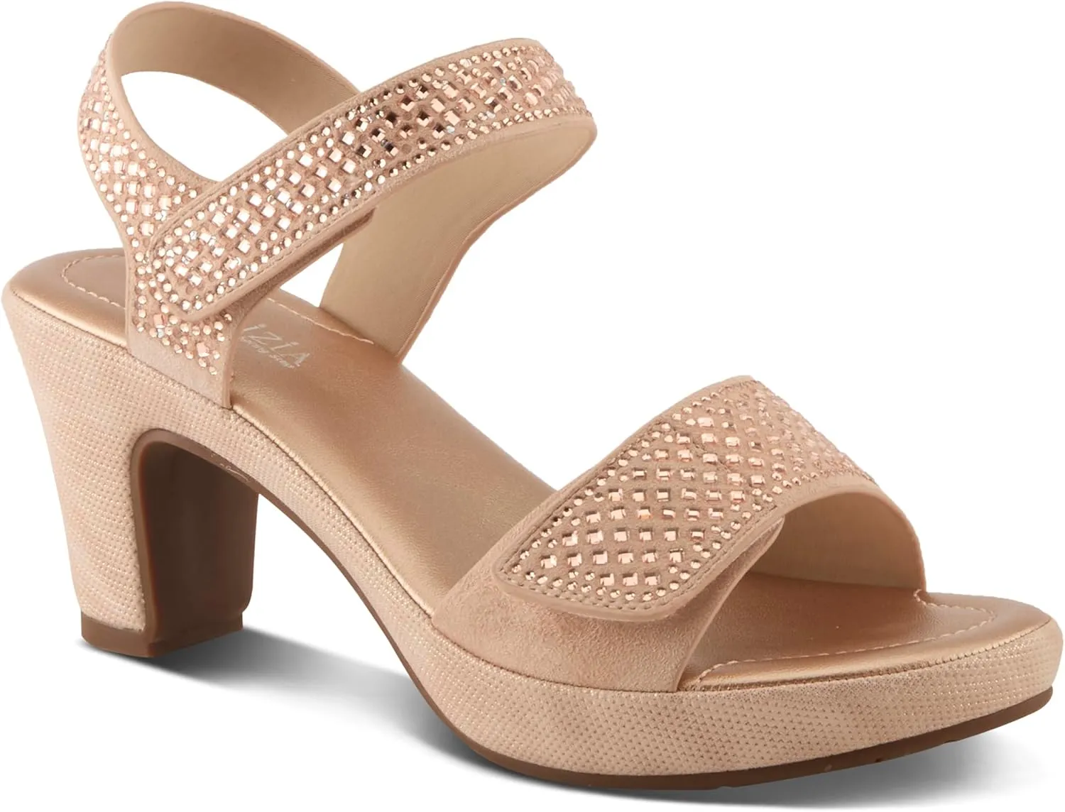 PATRIZIA Women's SHINE Hook and Loop Platform Heels - Microsuede Upper, Crystal-Adorned Straps, Adjustable Fit