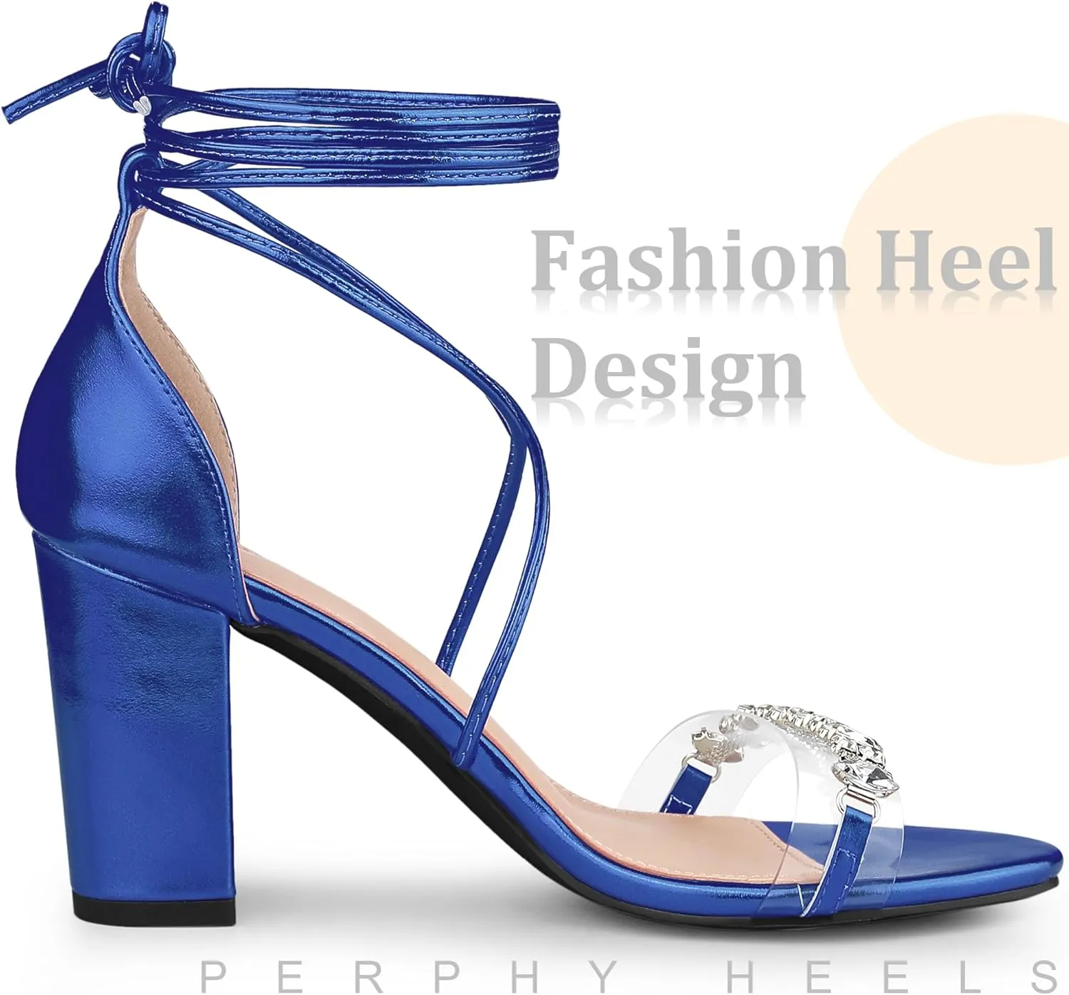 Perphy Crystal Rhinestones Strap Lace Up Chunky Heel Sandals for Women