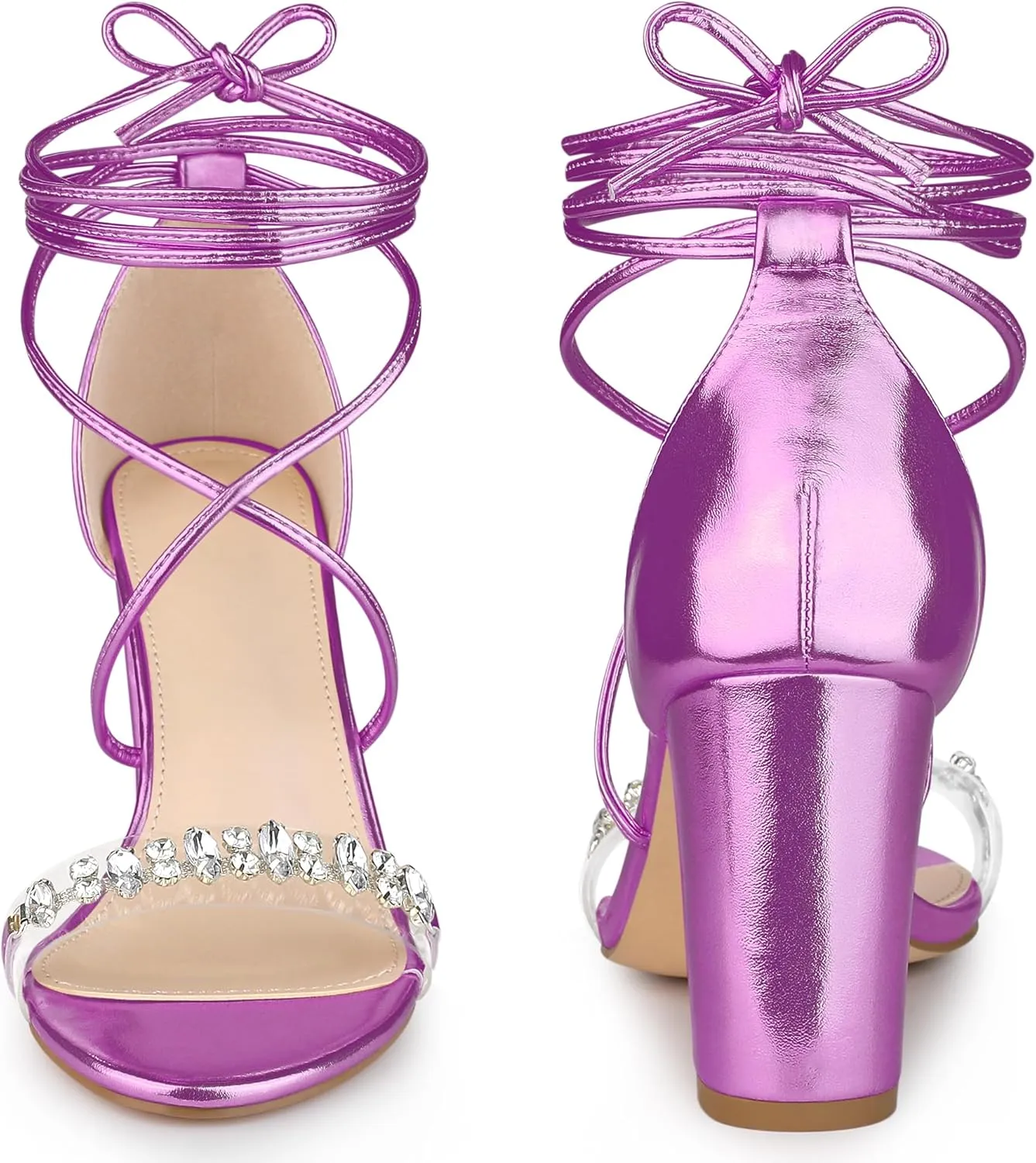 Perphy Crystal Rhinestones Strap Lace Up Chunky Heel Sandals for Women