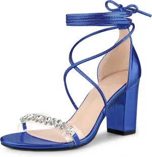Perphy Crystal Rhinestones Strap Lace Up Chunky Heel Sandals for Women