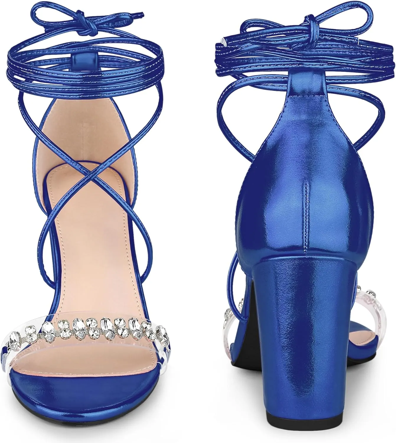 Perphy Crystal Rhinestones Strap Lace Up Chunky Heel Sandals for Women