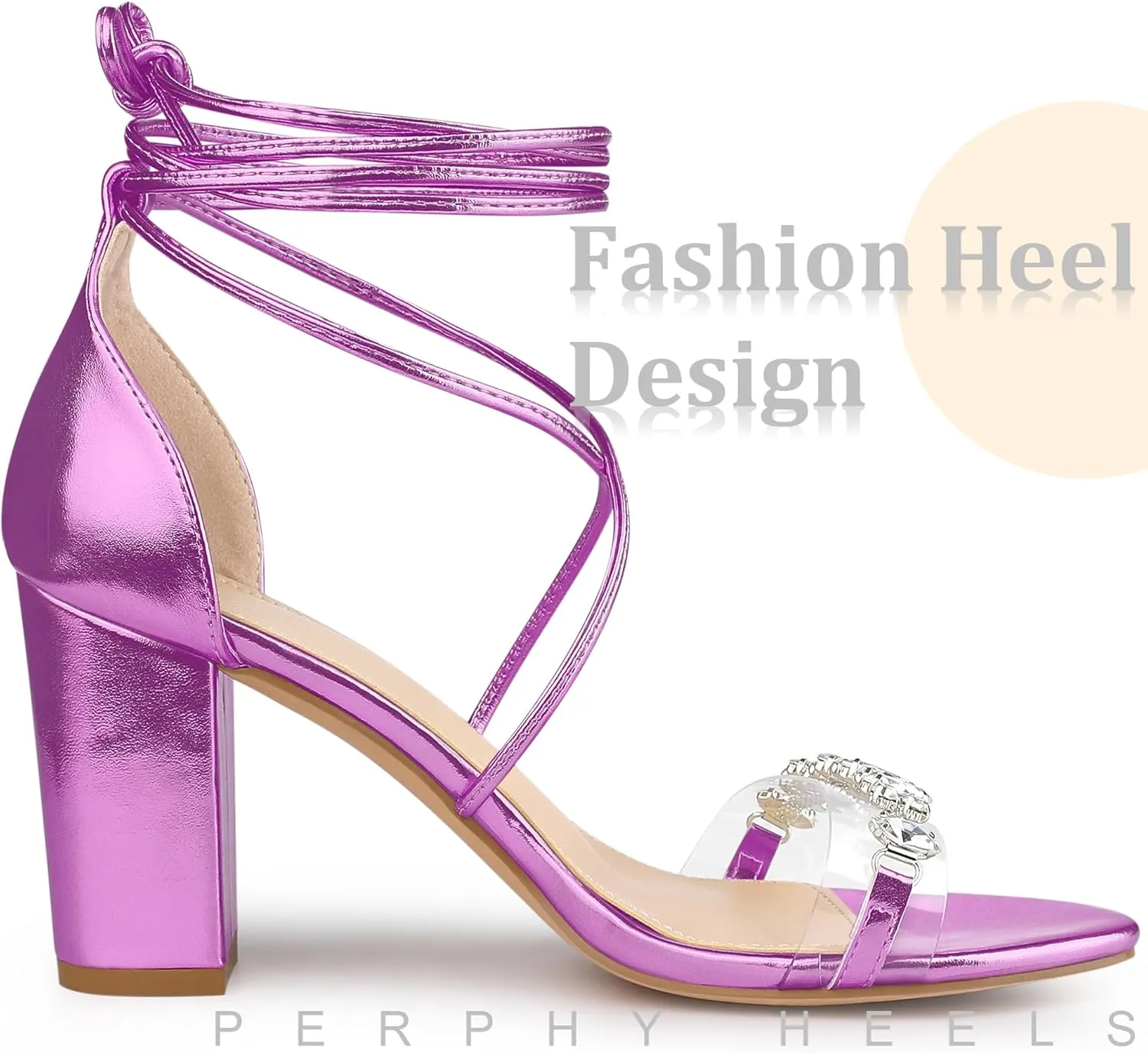 Perphy Crystal Rhinestones Strap Lace Up Chunky Heel Sandals for Women
