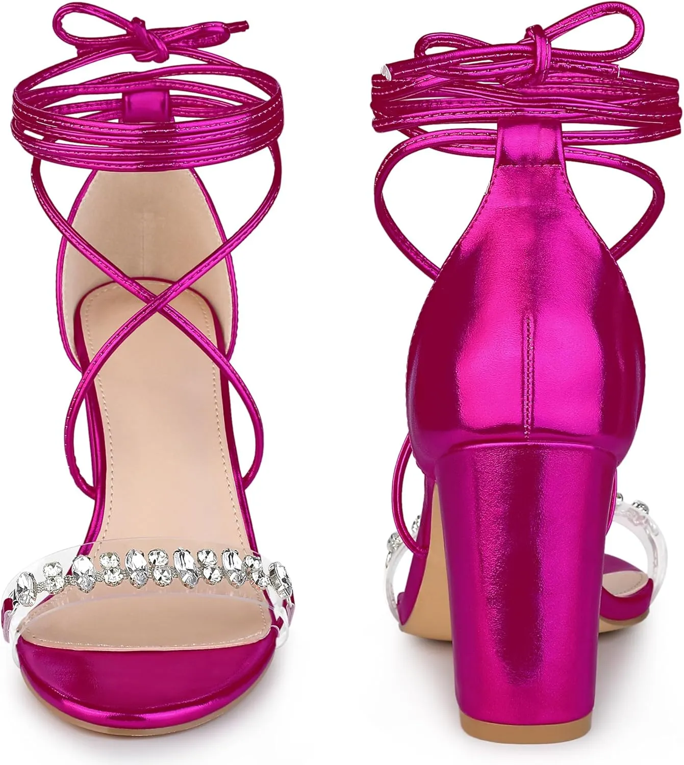 Perphy Crystal Rhinestones Strap Lace Up Chunky Heel Sandals for Women