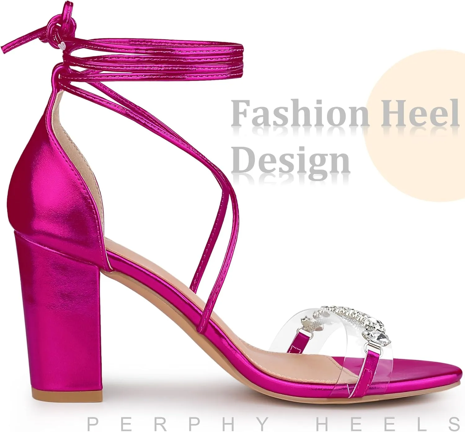 Perphy Crystal Rhinestones Strap Lace Up Chunky Heel Sandals for Women