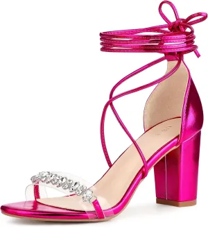 Perphy Crystal Rhinestones Strap Lace Up Chunky Heel Sandals for Women
