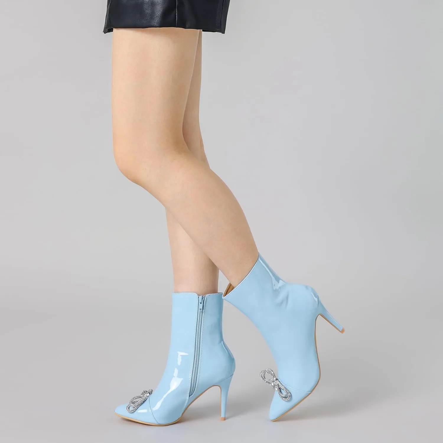 Perphy Patent Leather Boot Bow Rhinestone Pointy Toe Stiletto Heels Ankle Boots for Women