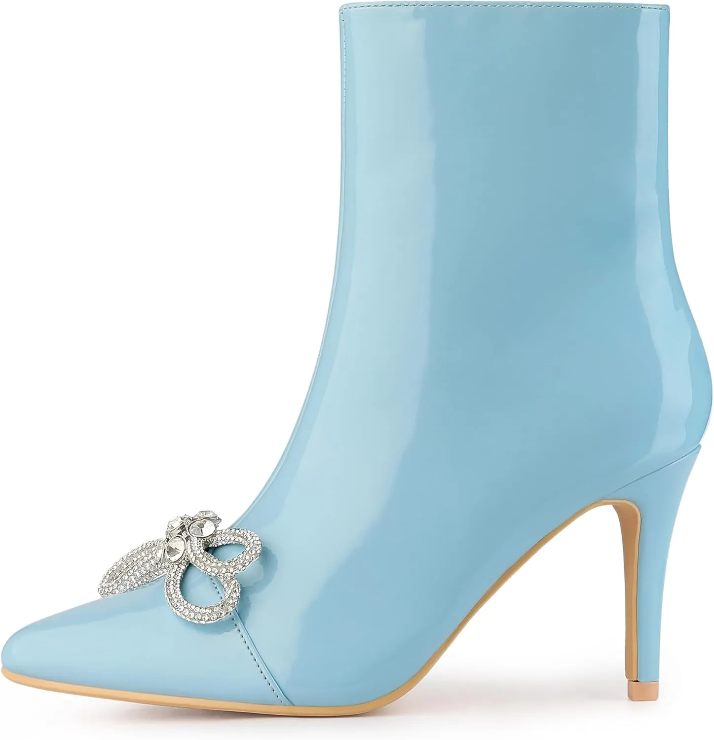 Perphy Patent Leather Boot Bow Rhinestone Pointy Toe Stiletto Heels Ankle Boots for Women
