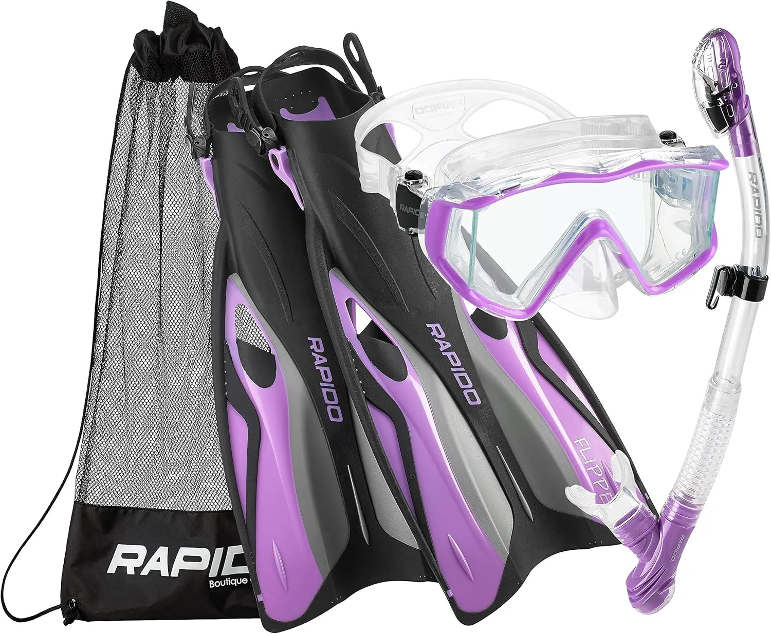 Phantom Aquatics Rapido Boutique Collection Clareza Three Window Tempered Glass Lens Mask Fin Snorkel Set with Snorkeling Gear Carry Bag, PR-LG, Lilac, ml/XL, 9-11 / EU: 41-45 (RPDCMFS-PR-LG_1)