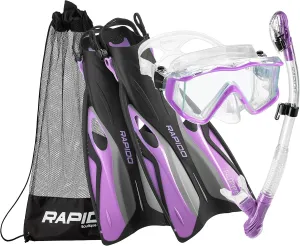 Phantom Aquatics Rapido Boutique Collection Clareza Three Window Tempered Glass Lens Mask Fin Snorkel Set with Snorkeling Gear Carry Bag, PR-LG, Lilac, ml/XL, 9-11 / EU: 41-45 (RPDCMFS-PR-LG_1)