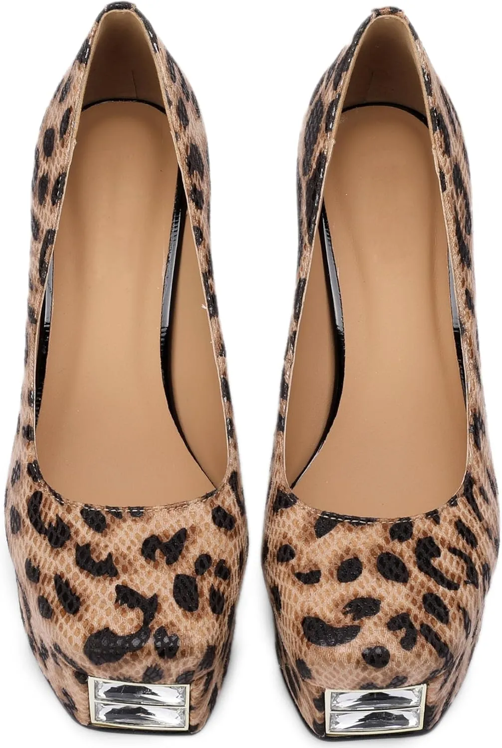Platform Heels for Women Leopard Print Square Toe Chunky Closed Toe Pumps Comfortable Sexy Dressy Wedding 4 Inch Elegantes Wide Comfortable Tacones 4 Inch High Heels