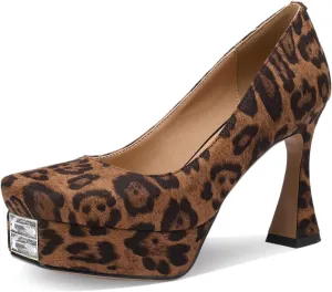 Platform Heels for Women Leopard Print Square Toe Chunky Closed Toe Pumps Comfortable Sexy Dressy Wedding 4 Inch Elegantes Wide Comfortable Tacones 4 Inch High Heels