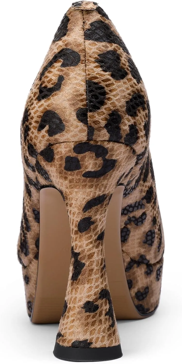 Platform Heels for Women Leopard Print Square Toe Chunky Closed Toe Pumps Comfortable Sexy Dressy Wedding 4 Inch Elegantes Wide Comfortable Tacones 4 Inch High Heels