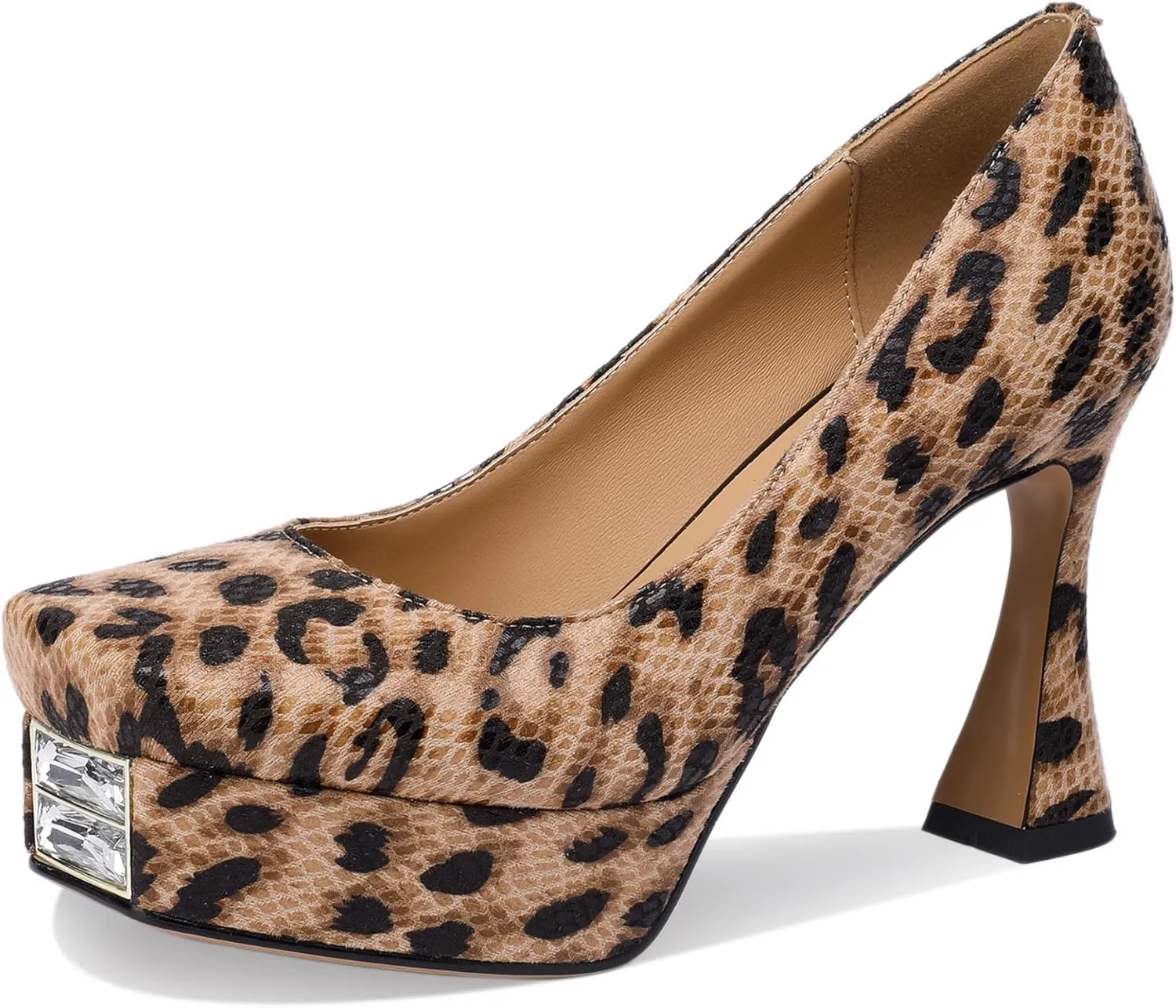Platform Heels for Women Leopard Print Square Toe Chunky Closed Toe Pumps Comfortable Sexy Dressy Wedding 4 Inch Elegantes Wide Comfortable Tacones 4 Inch High Heels