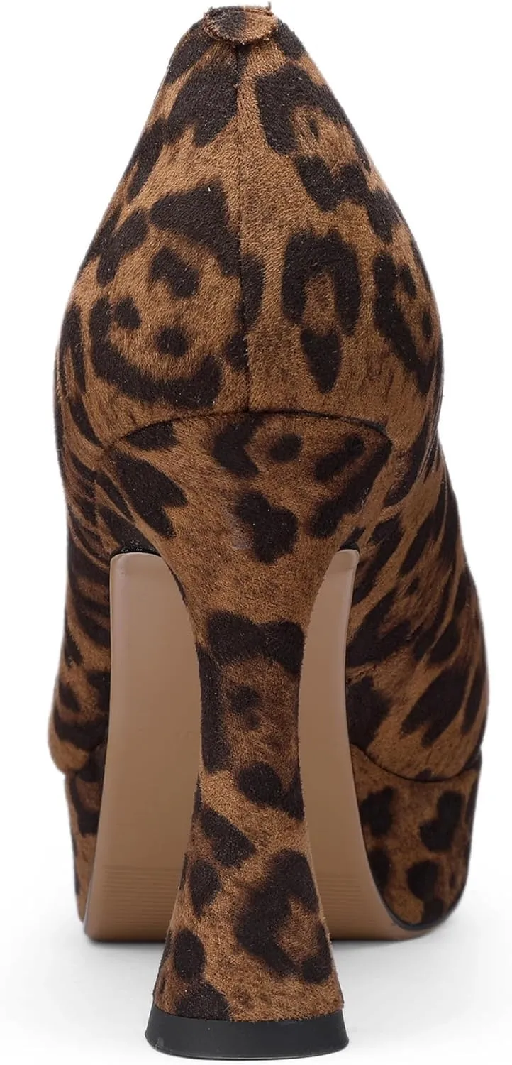 Platform Heels for Women Leopard Print Square Toe Chunky Closed Toe Pumps Comfortable Sexy Dressy Wedding 4 Inch Elegantes Wide Comfortable Tacones 4 Inch High Heels