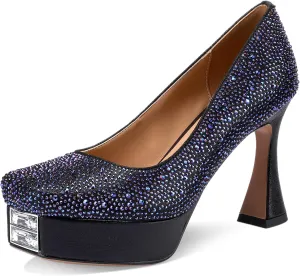 Platform Heels for Women Square Toe Chunky Closed Toe Pumps Comfortable Sexy Dressy Wedding Elegantes Wide Comfortable Tacones 4 Inch High Heels