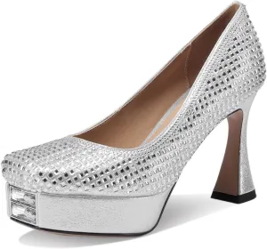 Platform Heels for Women Square Toe Chunky Closed Toe Pumps Comfortable Sexy Dressy Wedding Elegantes Wide Comfortable Tacones 4 Inch High Heels