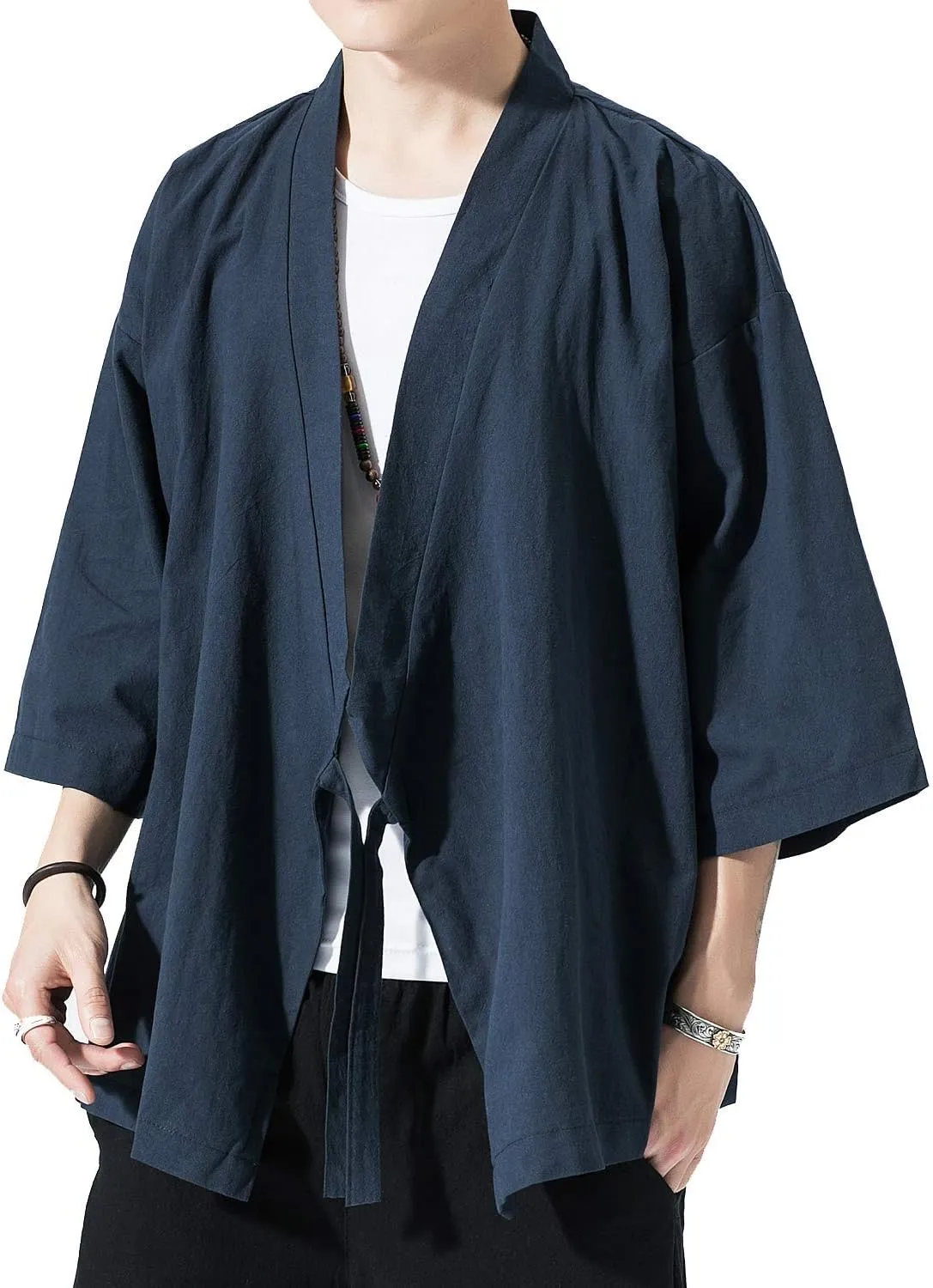 PRIJOUHE Men's Kimono Jackets Cardigan Lightweight Casual Cotton Blends Linen Seven Sleeves Open Front Coat Outwear