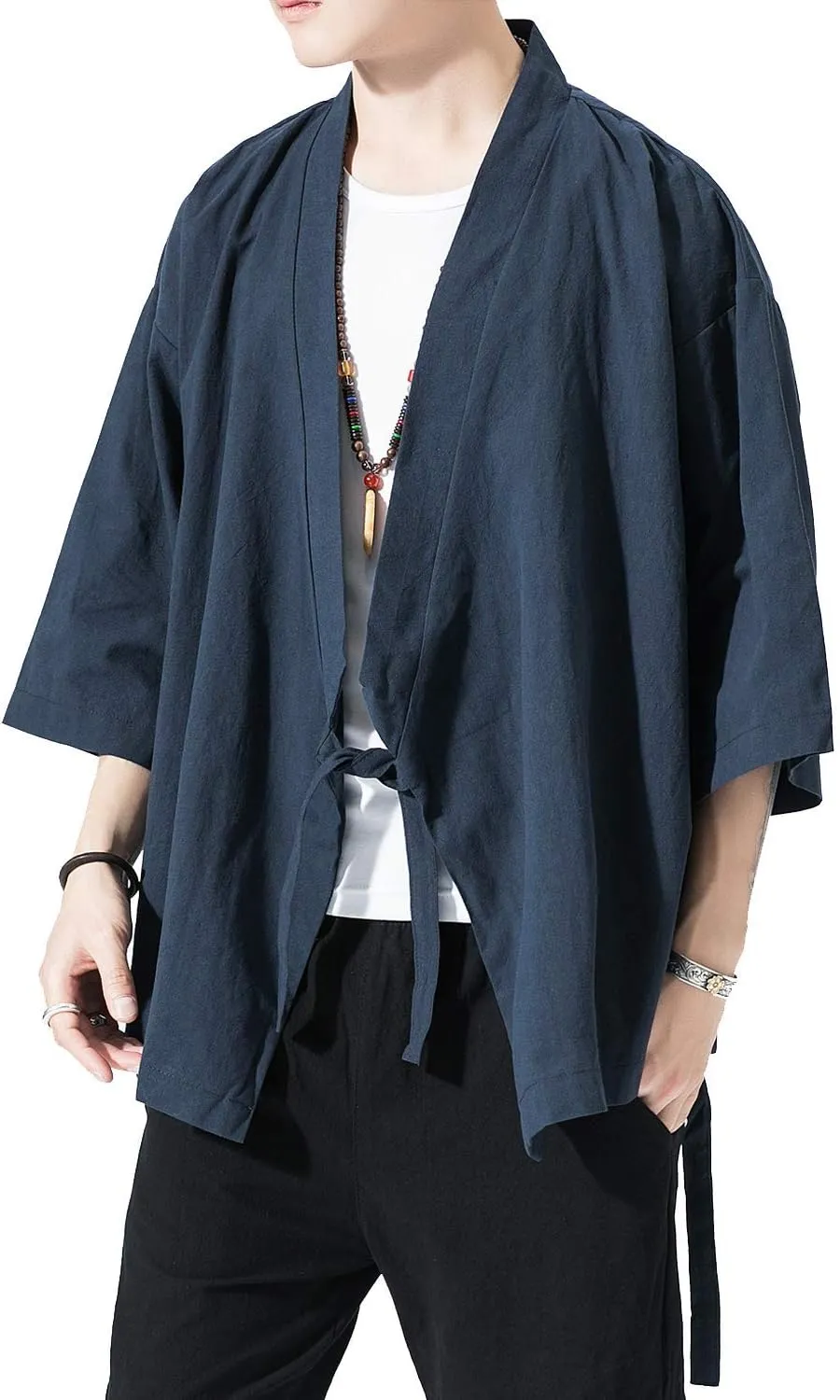 PRIJOUHE Men's Kimono Jackets Cardigan Lightweight Casual Cotton Blends Linen Seven Sleeves Open Front Coat Outwear