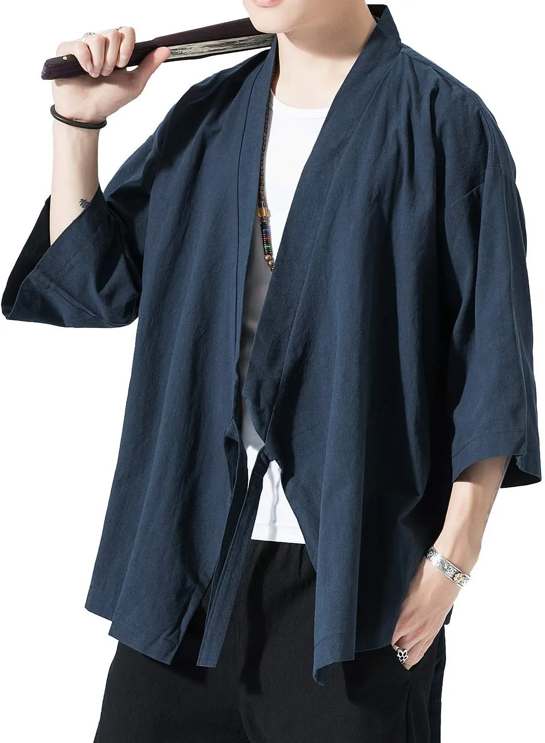 PRIJOUHE Men's Kimono Jackets Cardigan Lightweight Casual Cotton Blends Linen Seven Sleeves Open Front Coat Outwear