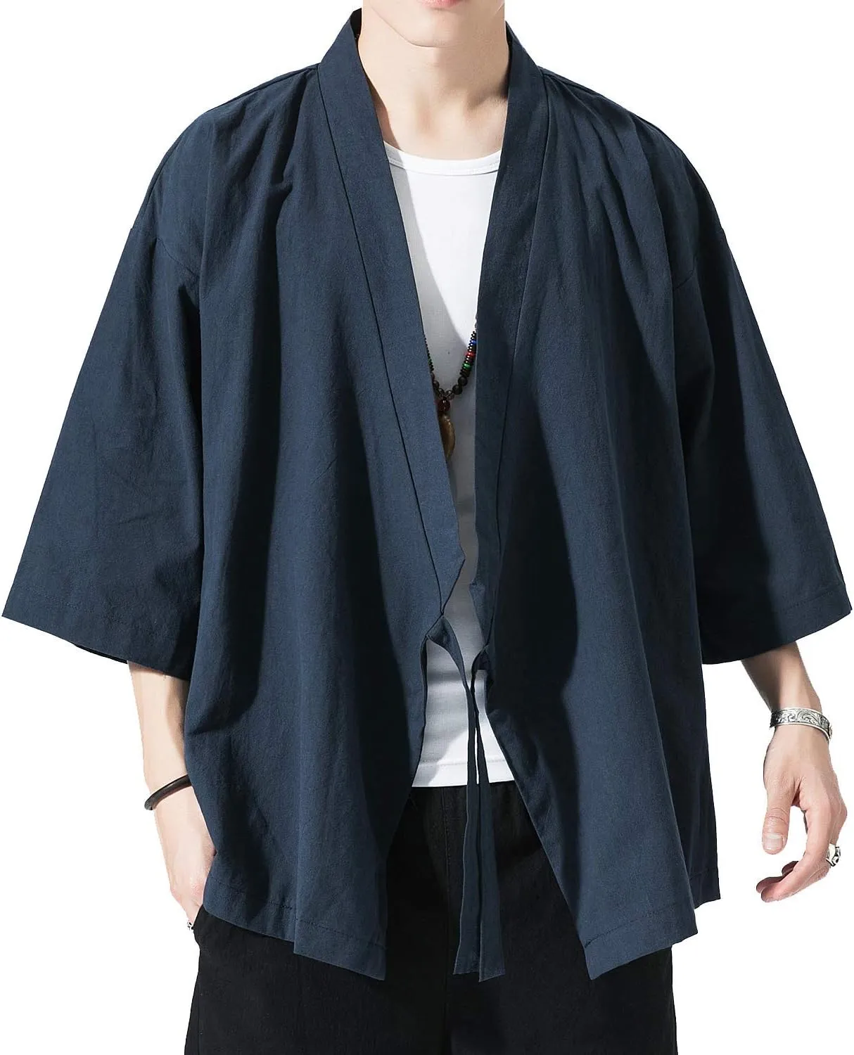 PRIJOUHE Men's Kimono Jackets Cardigan Lightweight Casual Cotton Blends Linen Seven Sleeves Open Front Coat Outwear