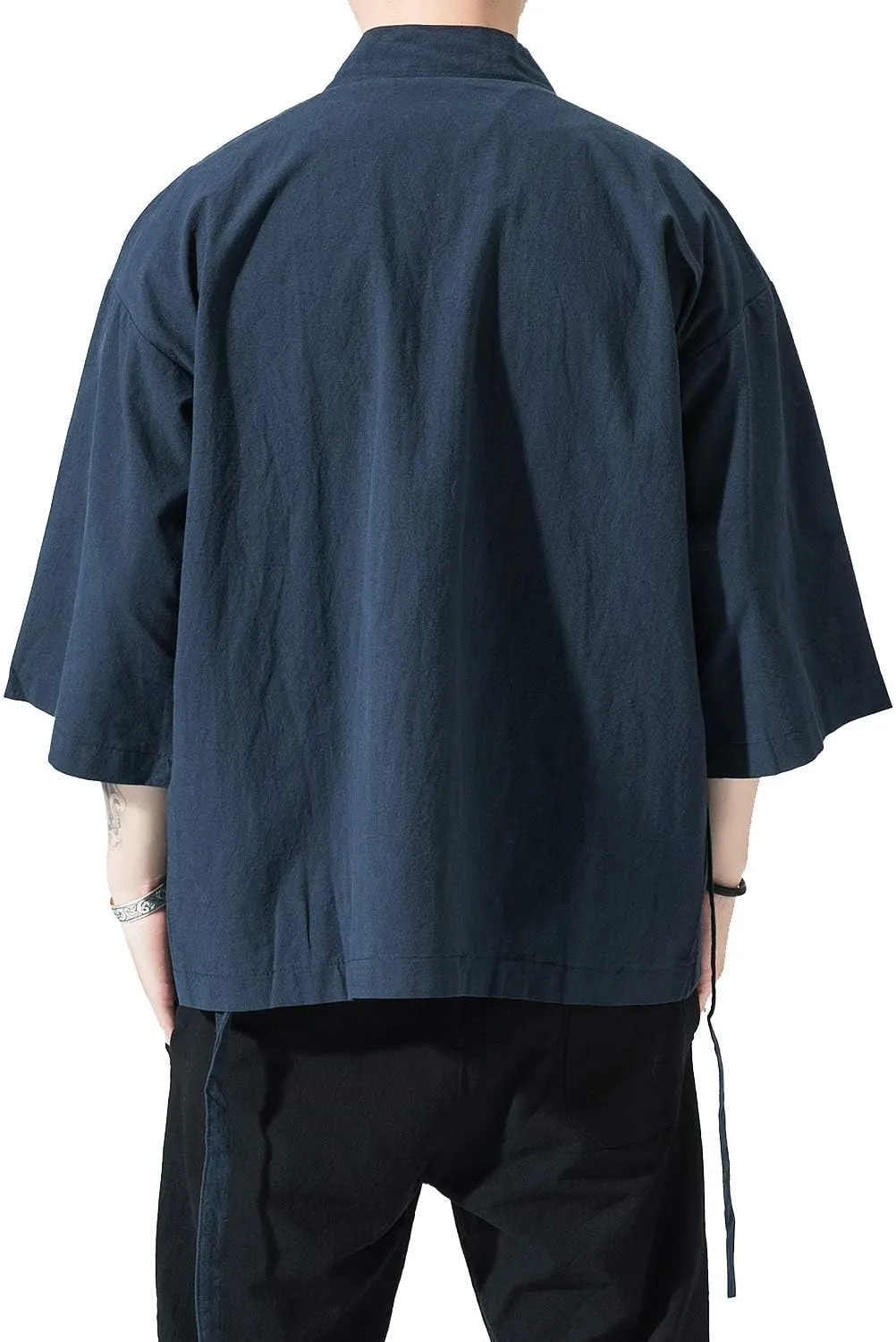 PRIJOUHE Men's Kimono Jackets Cardigan Lightweight Casual Cotton Blends Linen Seven Sleeves Open Front Coat Outwear