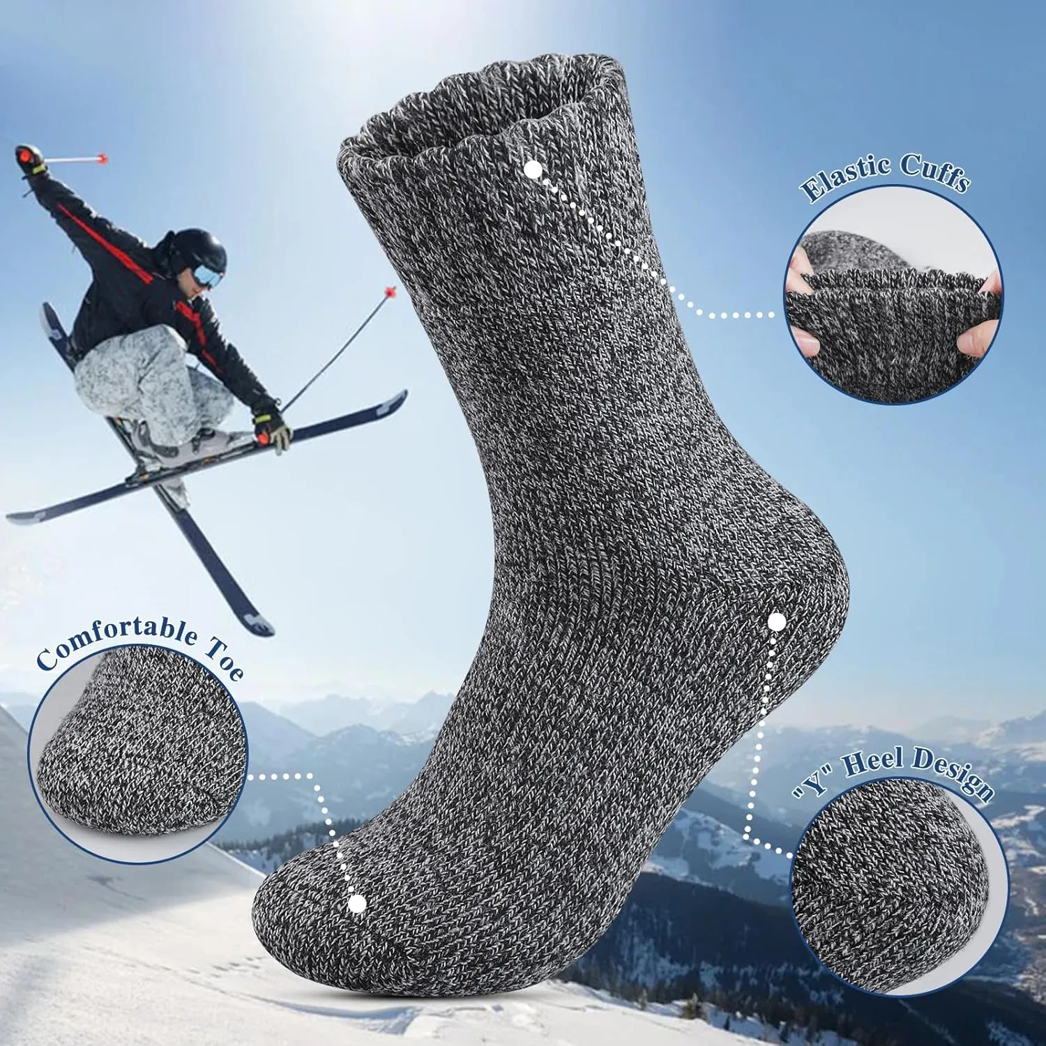 Reamphy 5 Pairs Men's Winter Thermal Wool Hiking Socks, Thick Warm Crew Boot Socks