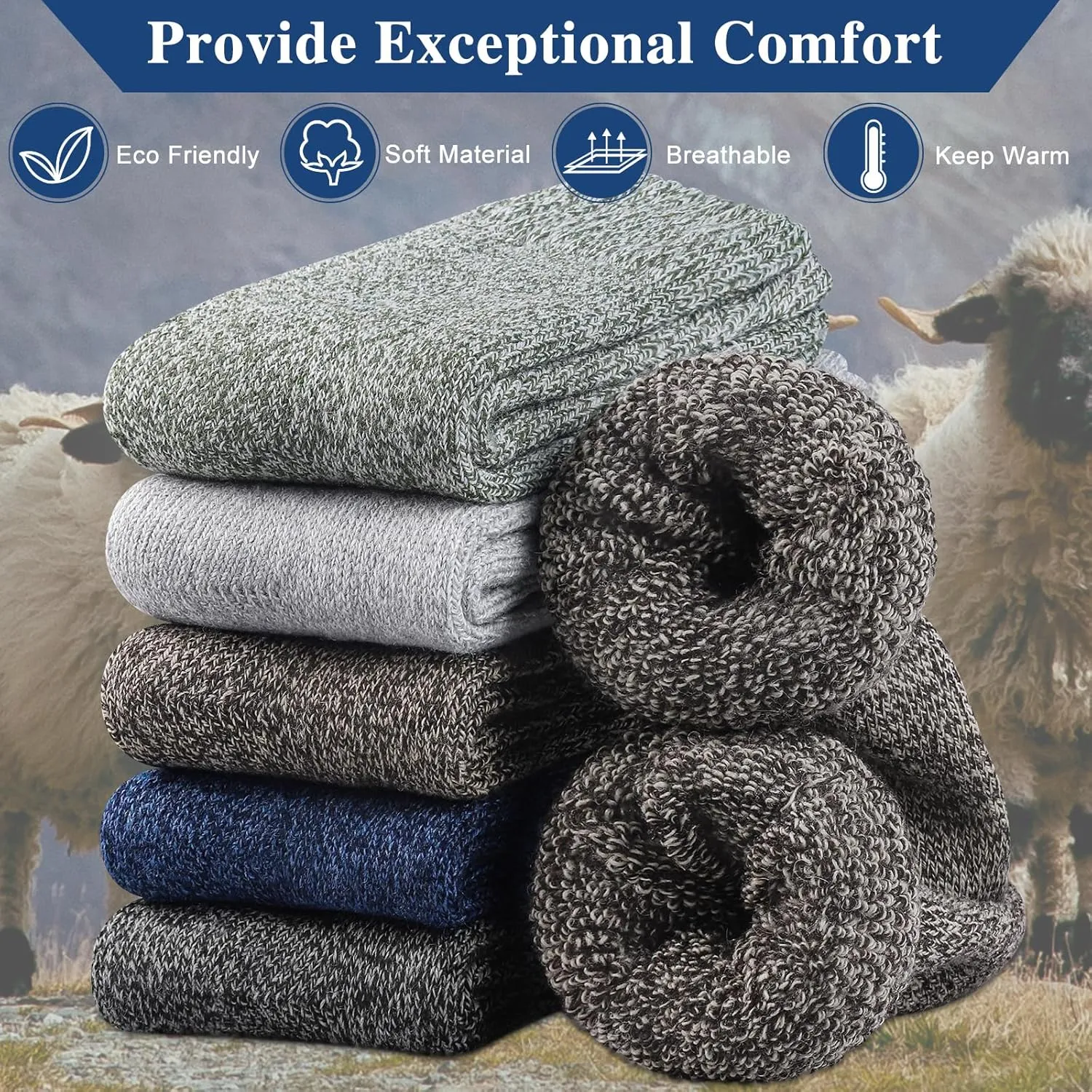 Reamphy 5 Pairs Men's Winter Thermal Wool Hiking Socks, Thick Warm Crew Boot Socks