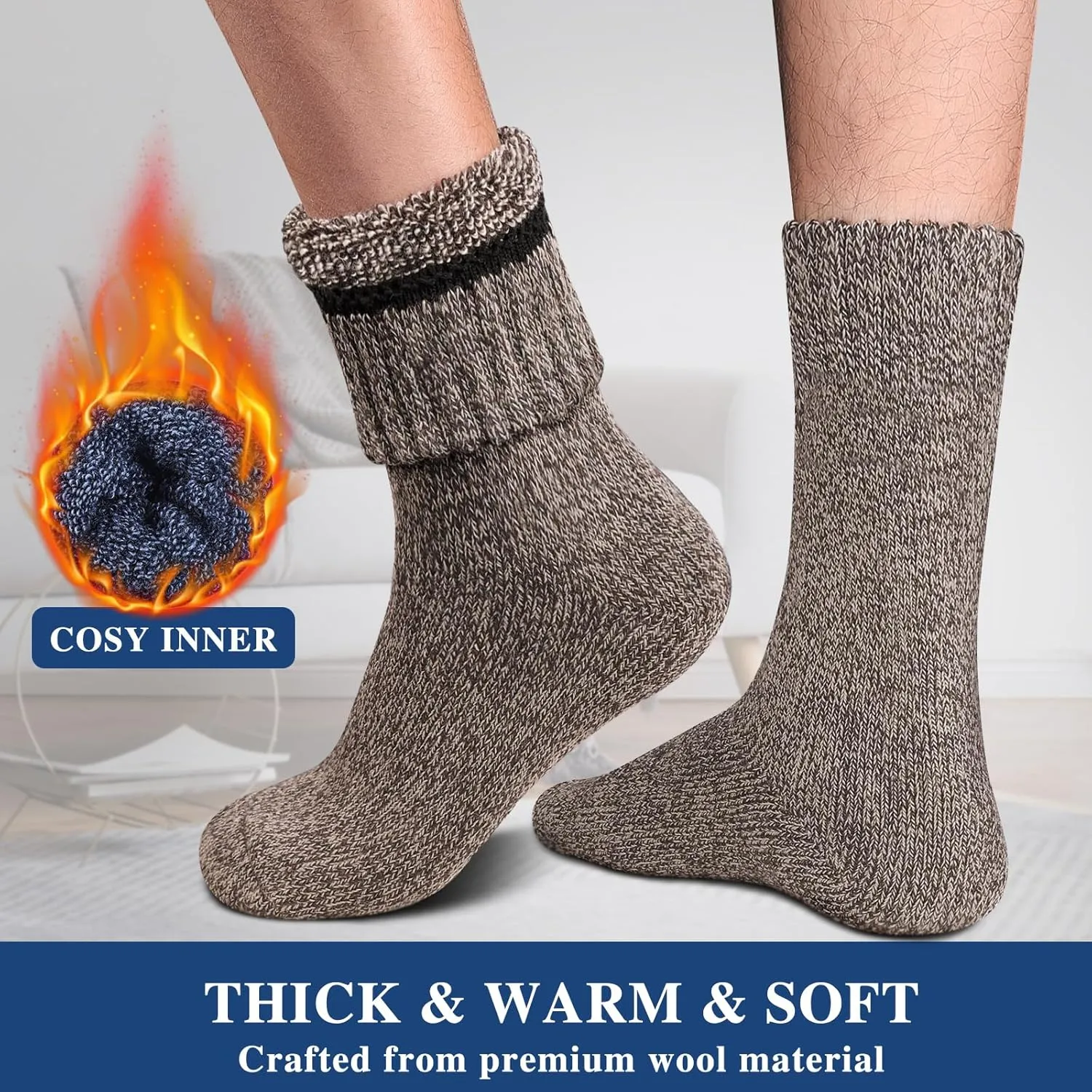 Reamphy 5 Pairs Men's Winter Thermal Wool Hiking Socks, Thick Warm Crew Boot Socks