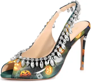 Reindee Lusion Womens High Stiletto Heels Crystal Printed Peep Toe Sexy Sling Back Pumps Shoes