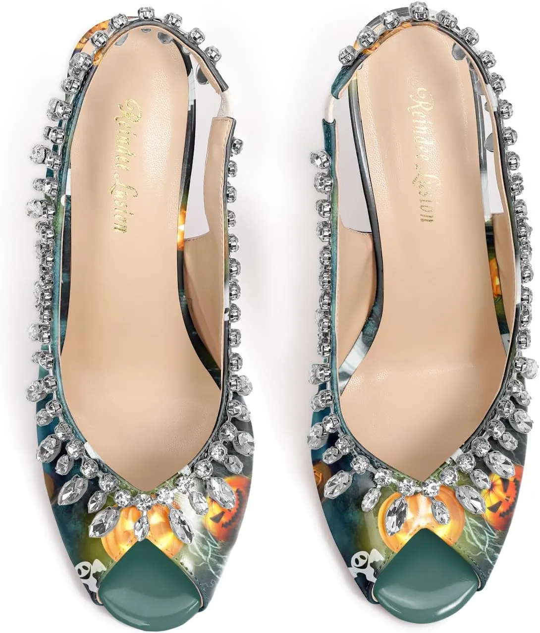 Reindee Lusion Womens High Stiletto Heels Crystal Printed Peep Toe Sexy Sling Back Pumps Shoes