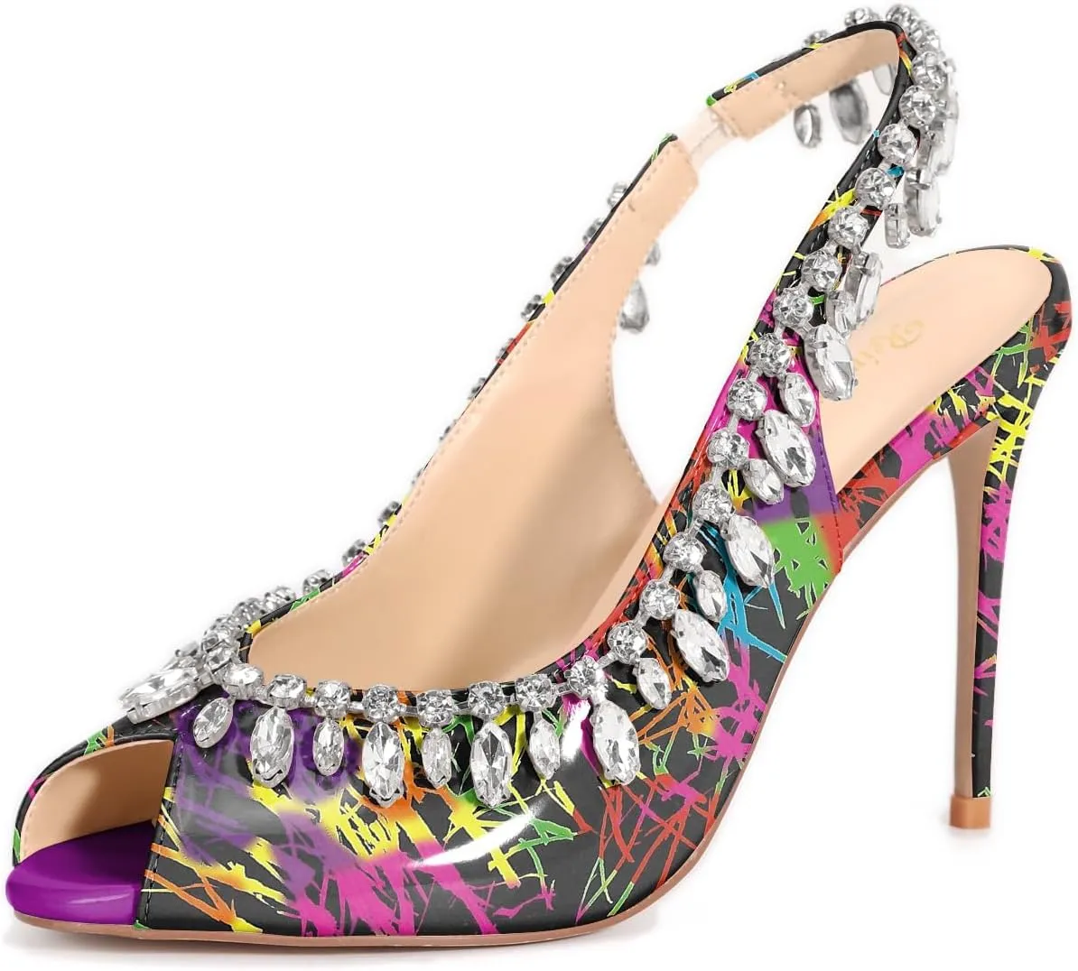 Reindee Lusion Womens High Stiletto Heels Crystal Printed Peep Toe Sexy Sling Back Pumps Shoes