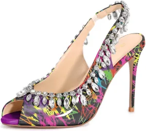 Reindee Lusion Womens High Stiletto Heels Crystal Printed Peep Toe Sexy Sling Back Pumps Shoes
