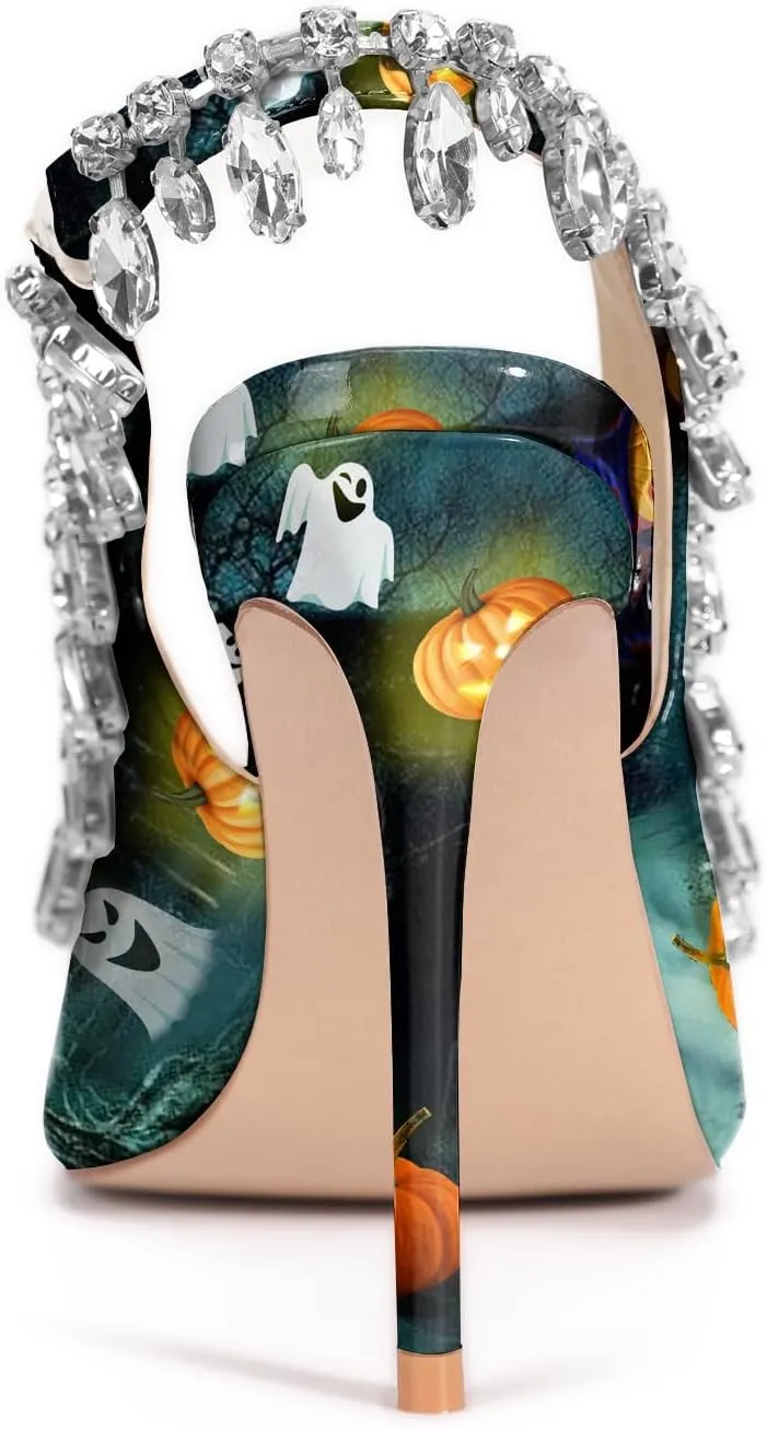 Reindee Lusion Womens High Stiletto Heels Crystal Printed Peep Toe Sexy Sling Back Pumps Shoes