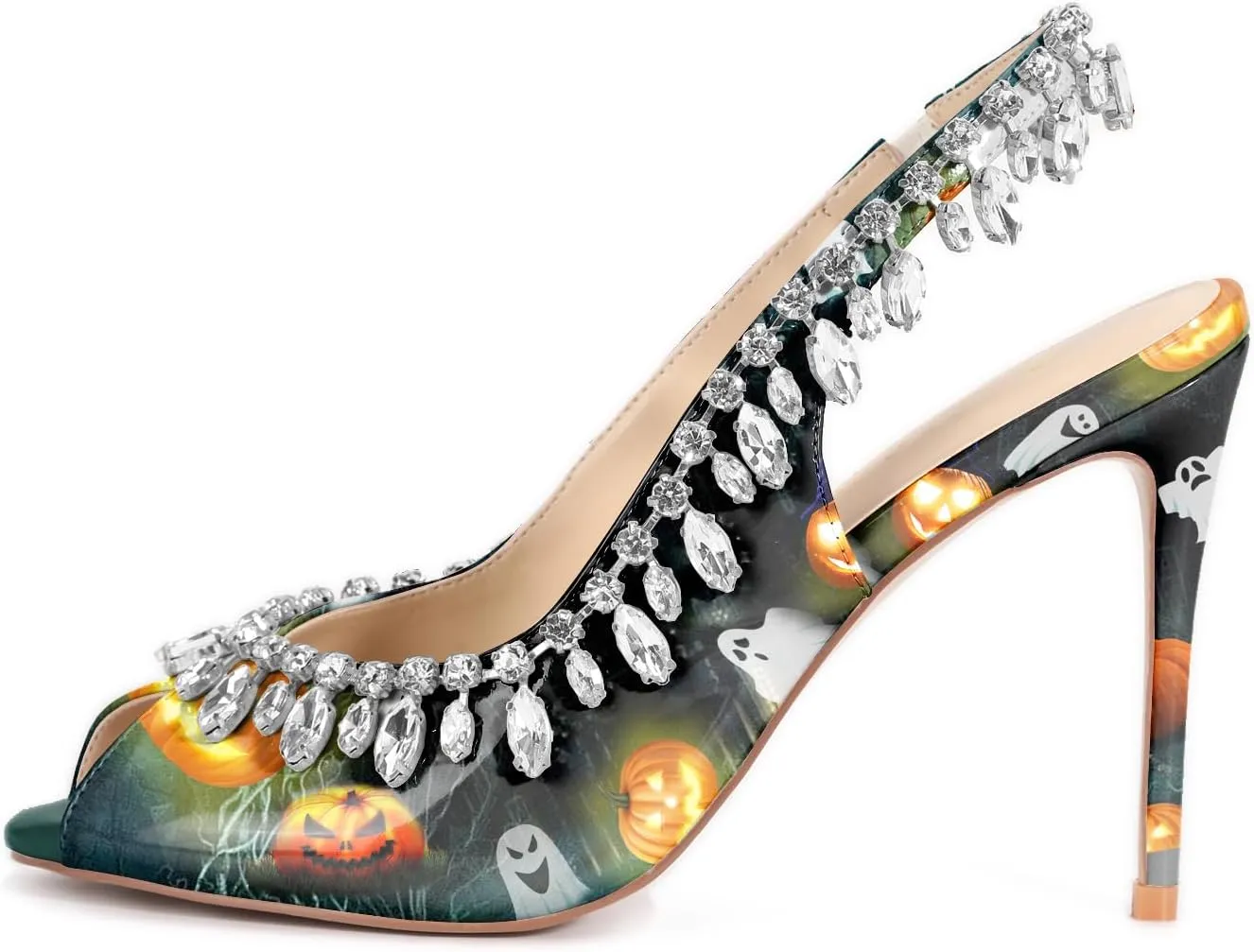 Reindee Lusion Womens High Stiletto Heels Crystal Printed Peep Toe Sexy Sling Back Pumps Shoes