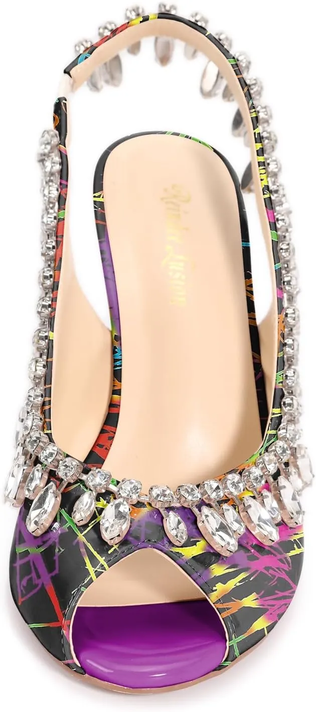 Reindee Lusion Womens High Stiletto Heels Crystal Printed Peep Toe Sexy Sling Back Pumps Shoes