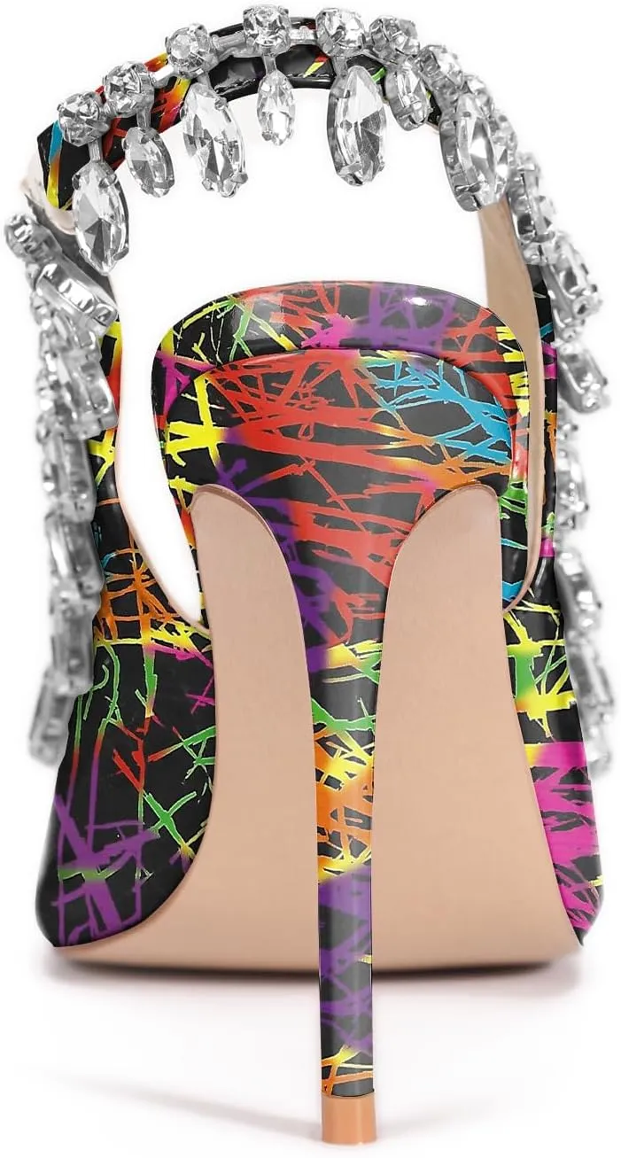 Reindee Lusion Womens High Stiletto Heels Crystal Printed Peep Toe Sexy Sling Back Pumps Shoes