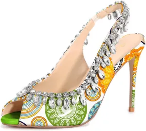 Reindee Lusion Womens High Stiletto Heels Crystal Printed Peep Toe Sexy Sling Back Pumps Shoes