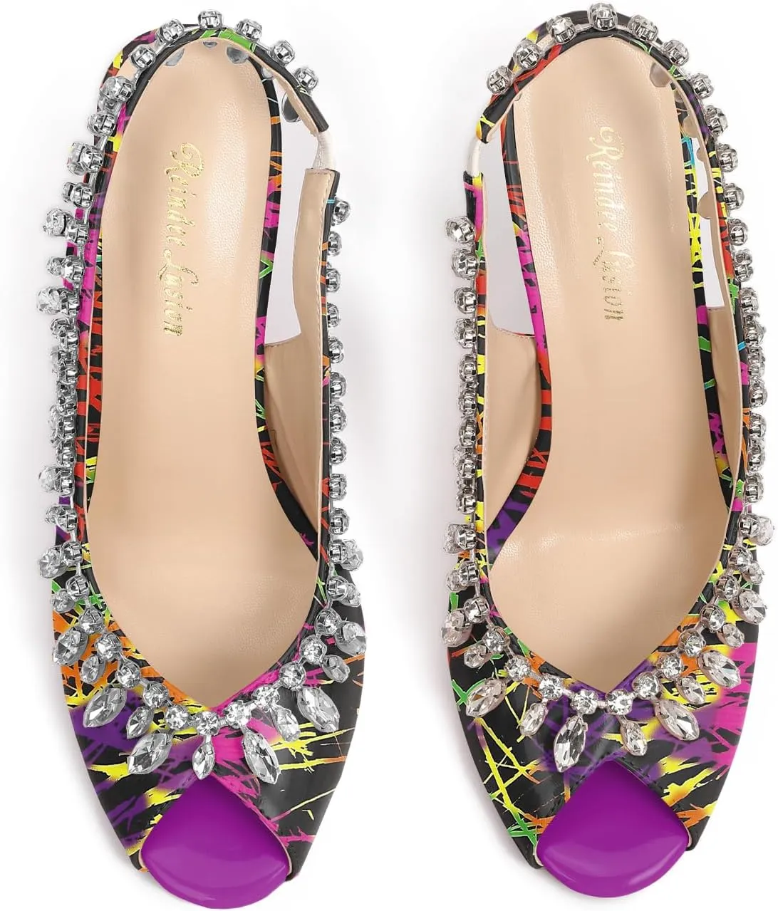 Reindee Lusion Womens High Stiletto Heels Crystal Printed Peep Toe Sexy Sling Back Pumps Shoes
