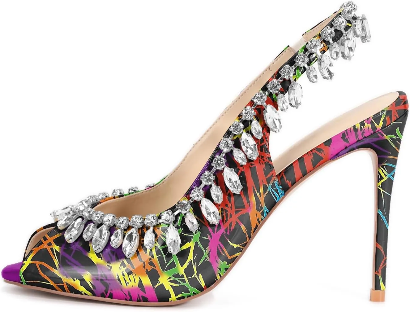 Reindee Lusion Womens High Stiletto Heels Crystal Printed Peep Toe Sexy Sling Back Pumps Shoes