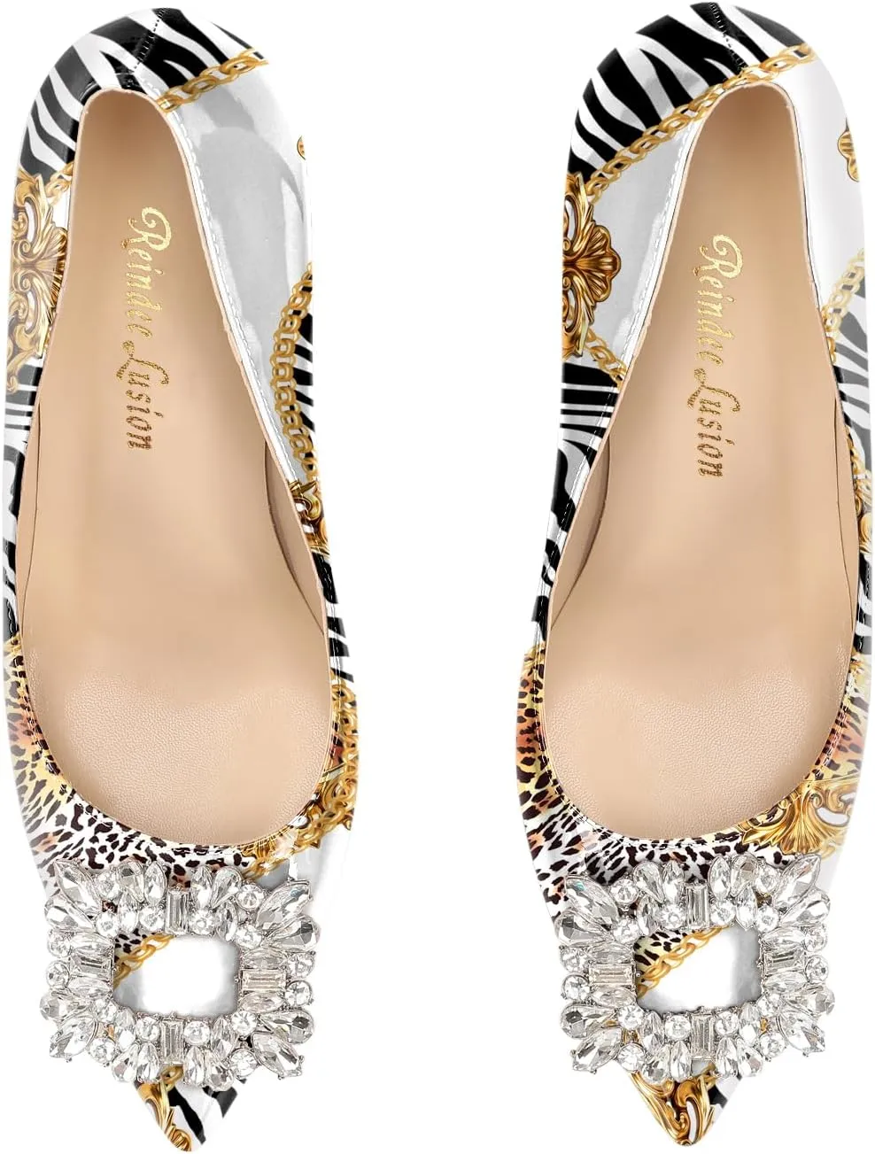 Reindee Lusion Womens High Stiletto Heels Pumps Crystal Printed Closed Toe Sexy Pumps Shoes