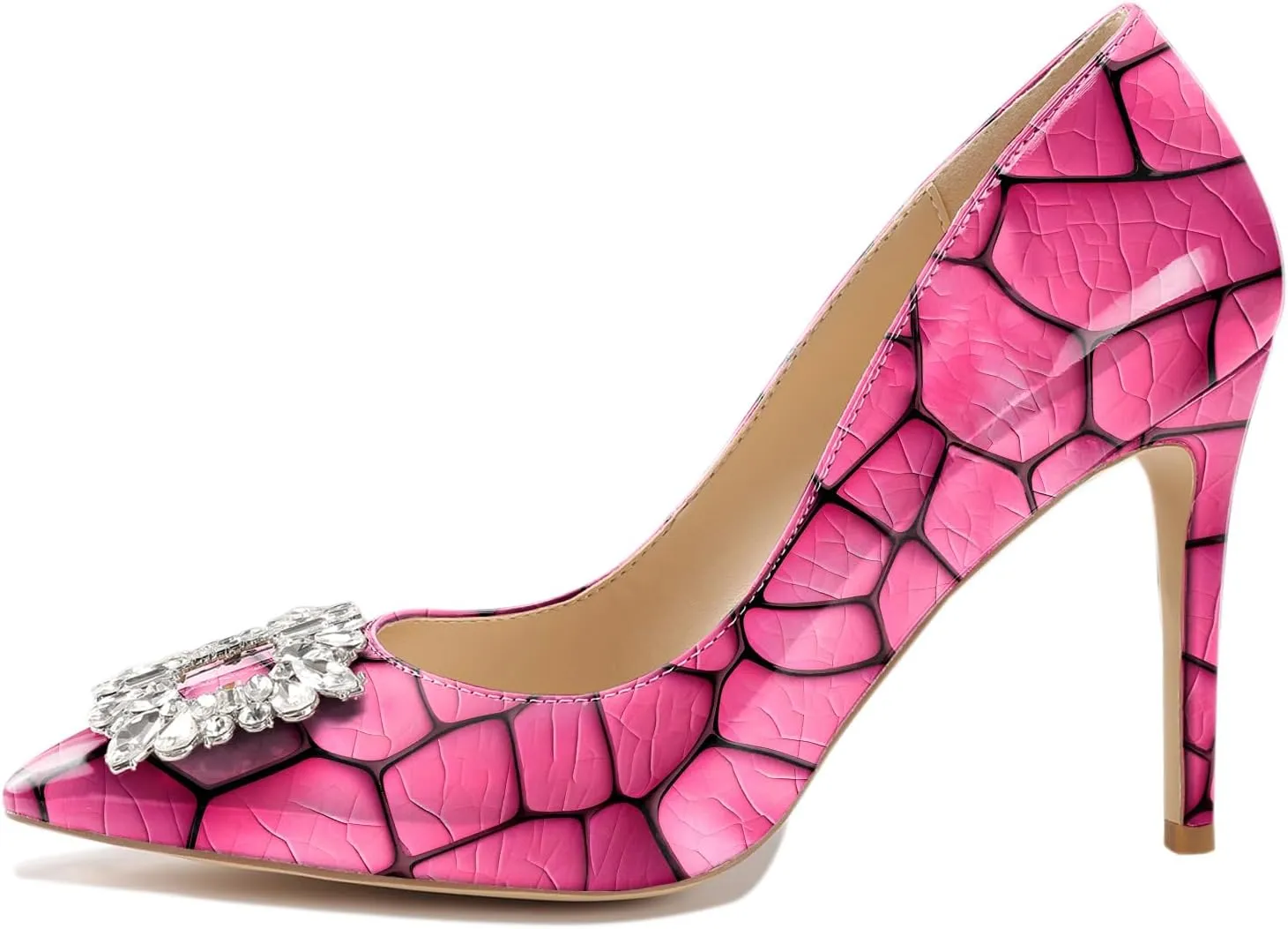 Reindee Lusion Womens High Stiletto Heels Pumps Crystal Printed Closed Toe Sexy Pumps Shoes