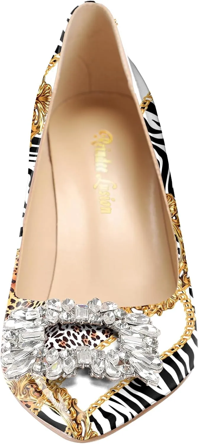 Reindee Lusion Womens High Stiletto Heels Pumps Crystal Printed Closed Toe Sexy Pumps Shoes