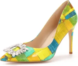 Reindee Lusion Womens High Stiletto Heels Pumps Crystal Printed Closed Toe Sexy Pumps Shoes
