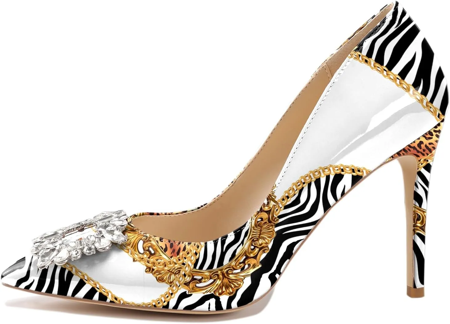 Reindee Lusion Womens High Stiletto Heels Pumps Crystal Printed Closed Toe Sexy Pumps Shoes