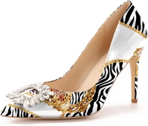 Reindee Lusion Womens High Stiletto Heels Pumps Crystal Printed Closed Toe Sexy Pumps Shoes