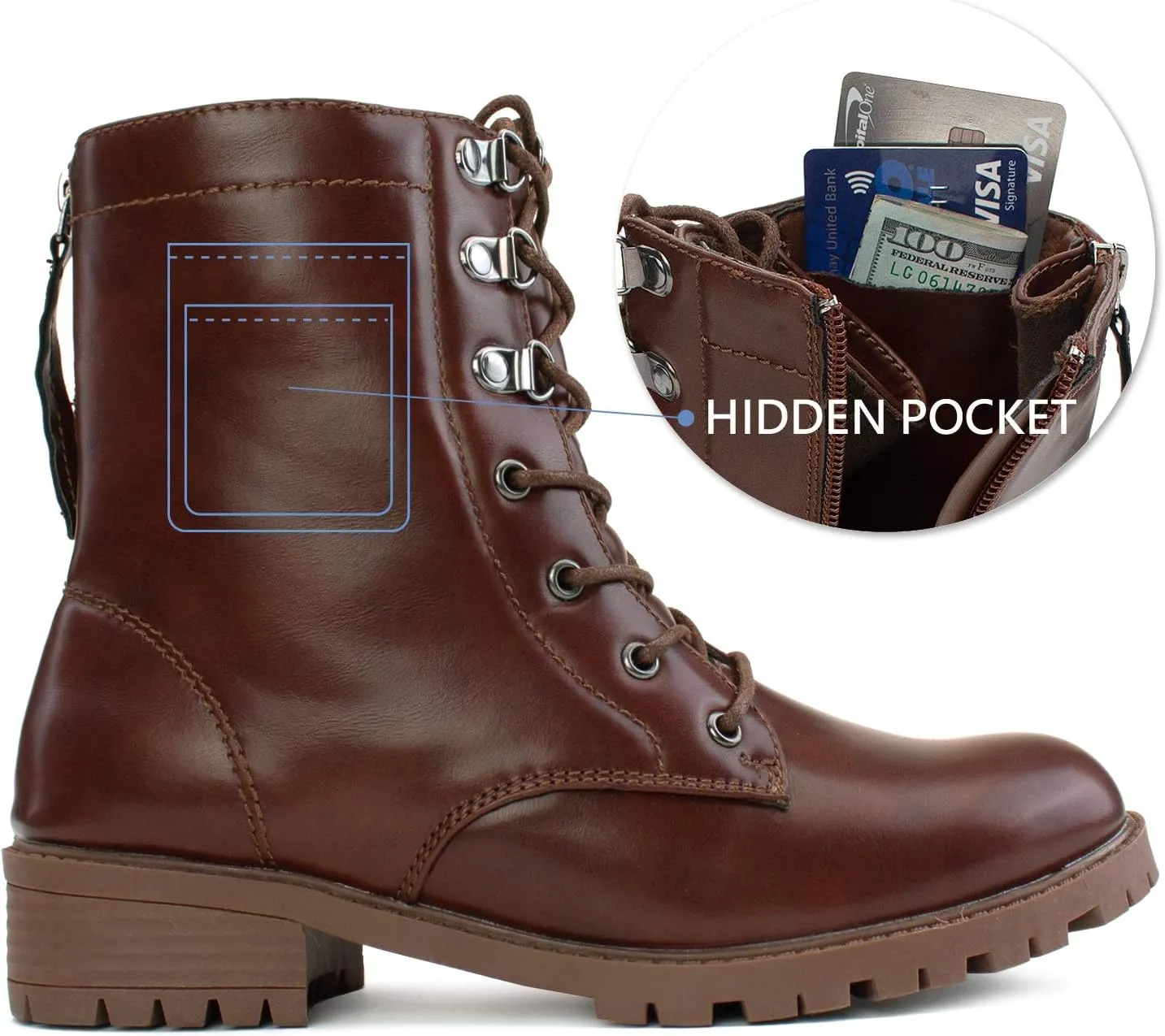 RF ROOM OF FASHION Women's Adjustable Wide Ankle Wide Width Lug Sole Combat Boots w Hidden Pocket
