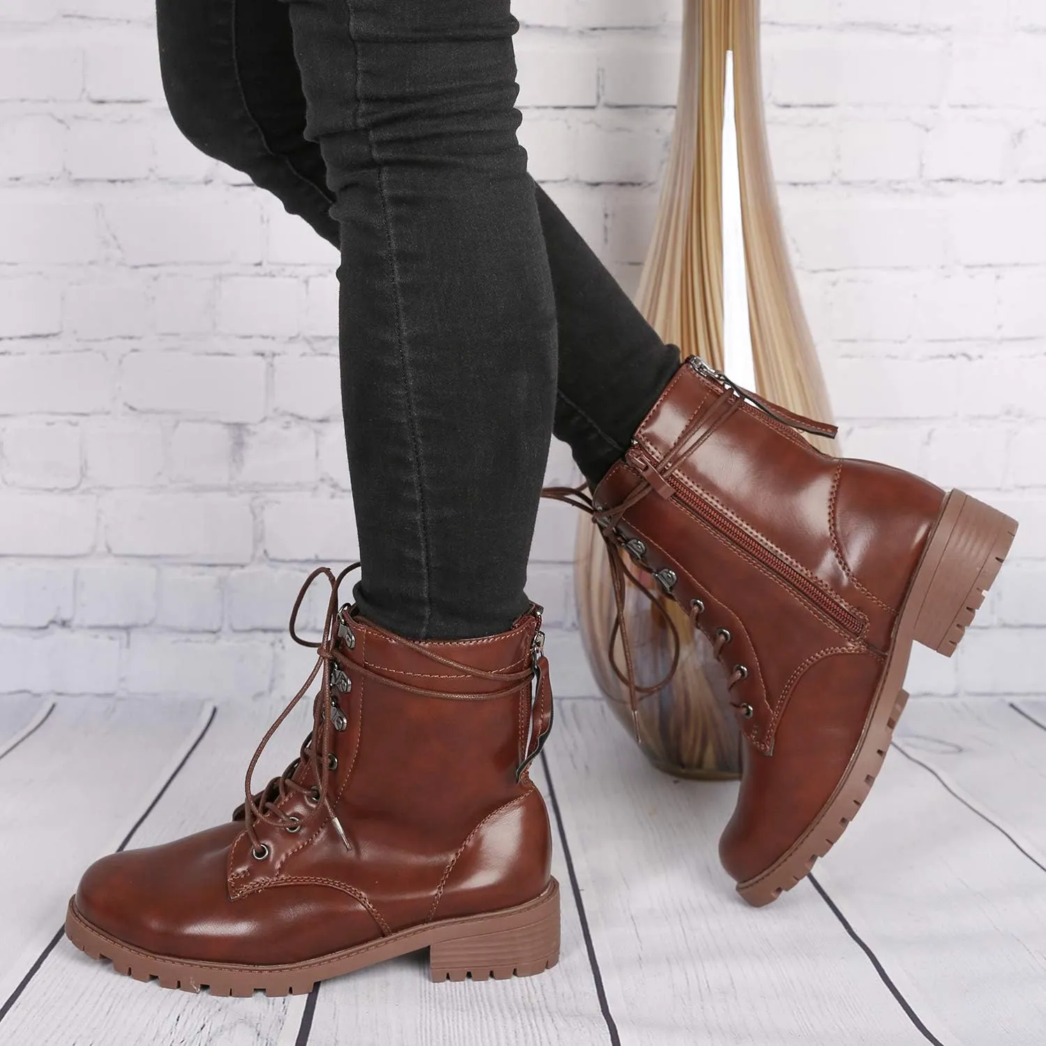 RF ROOM OF FASHION Women's Adjustable Wide Ankle Wide Width Lug Sole Combat Boots w Hidden Pocket