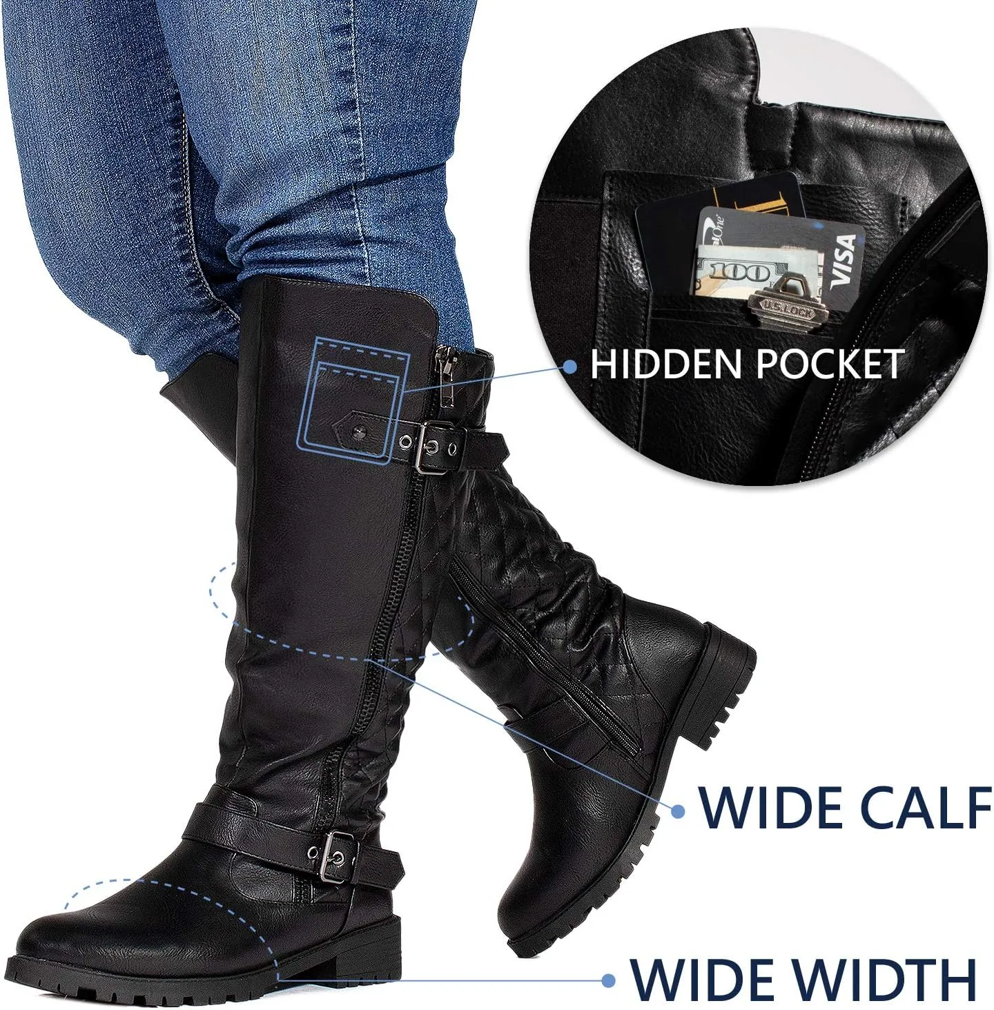 RF ROOM OF FASHION Women's Athletic Wide Calf Lug Sole Knee High Riding Boots w Hidden Pocket
