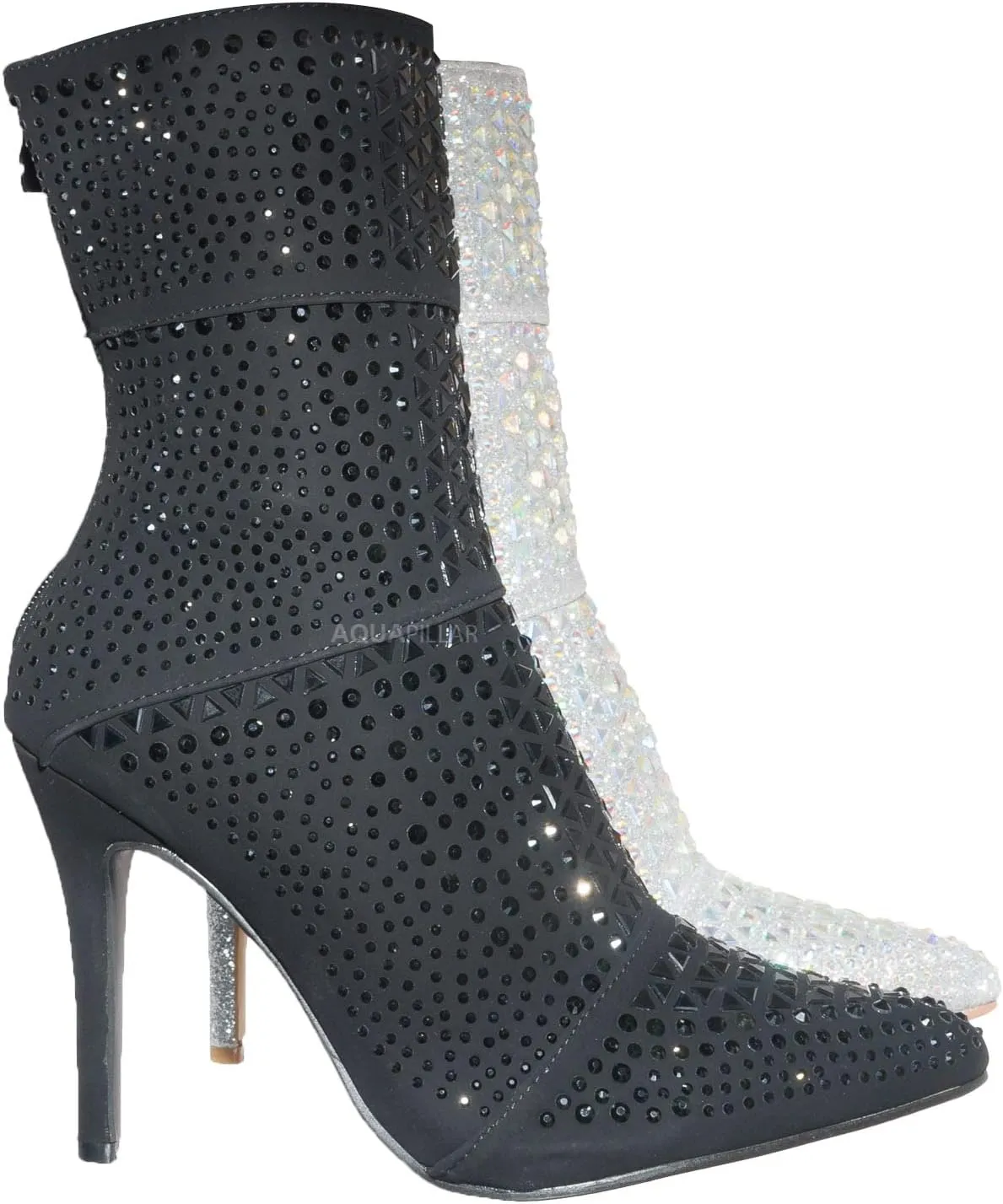 Rhinestone Studded Stiletto Bootie- Womens Crystal Ankle Height Boot